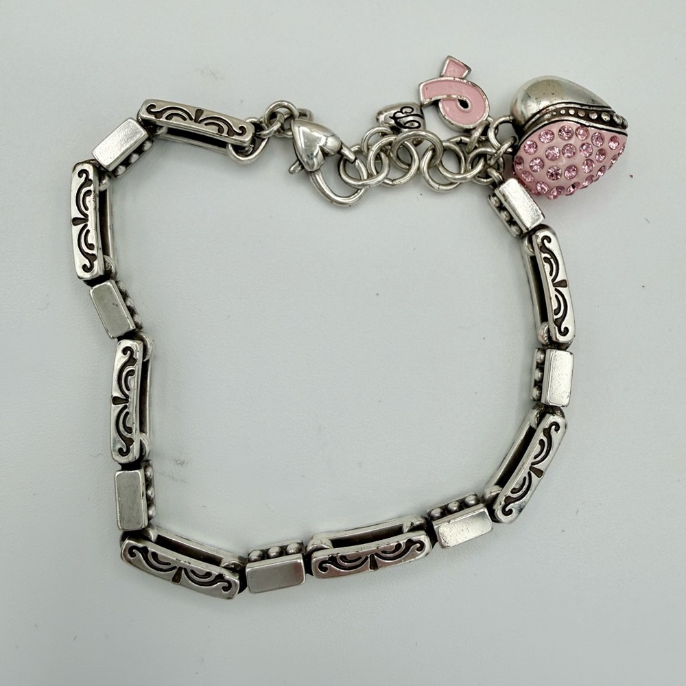 BRIGHTON Pink Ribbon Breast Cancer Awareness Charm Bracelet Silver Crystal Heart - Picture 2 of 7